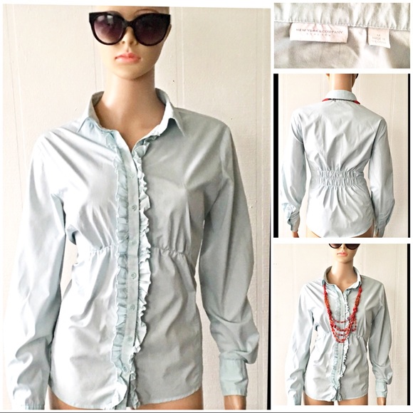 New York & Company Tops - 💙 New York & Company Ruffle Front Blue Shirt L